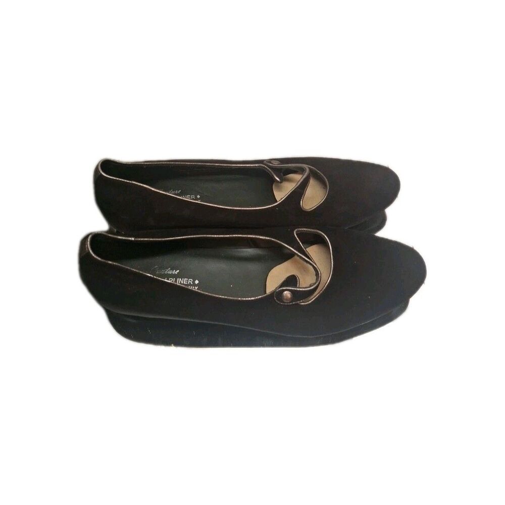 Donald J Pliner Black Metallic Mary Jane Flats Slip-On Pointed Toe Button Accent